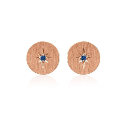 Blue Sapphire Star Set Round Disk Stud Earrings 14k Rose Gold Earrings by Nodeform