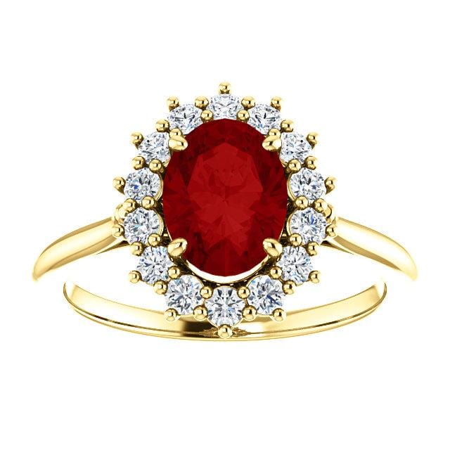 Ophelia - Oval Lab-Grown Ruby Prong Set Halo Engagement Ring Moissanite Halo / 7x5mm/~1.1ct Oval Lab-Grown Ruby / 18k Yellow Gold Ring by Nodeform