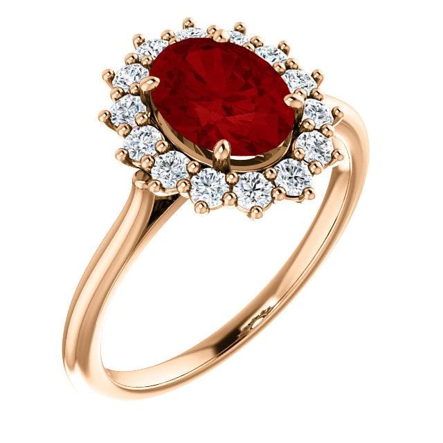 Ophelia - Oval Lab-Grown Ruby Prong Set Halo Engagement Ring Moissanite Halo / 7x5mm/~1.1ct Oval Lab-Grown Ruby / 14k Rose Gold Ring by Nodeform