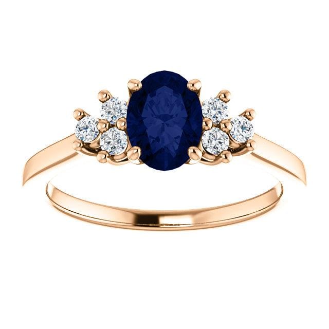Ellie Ring- Oval Blue Sapphire Prong Set Accented Engagement Ring 7x5mm/~1ct Oval Lab-grown Blue Sapphire / Moissanite Accents / 14k Rose Gold Ring by Nodeform