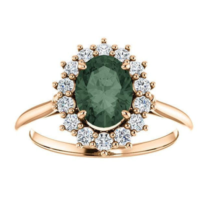 Ophelia - Oval Lab-Created Alexandrite Prong Set Halo Engagement Ring 7x5mm/~1ct Oval Lab-created Alexandrite / Moissanite Halo / 14k Rose Gold Ring by Nodeform
