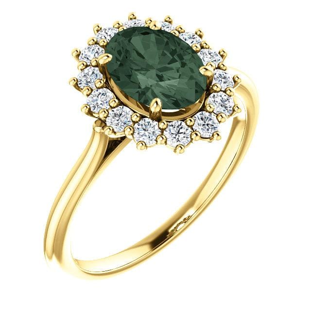 Ophelia - Oval Lab-Created Alexandrite Prong Set Halo Engagement Ring 7x5mm/~1ct Oval Lab-created Alexandrite / Moissanite Halo / 14k Yellow Gold Ring by Nodeform