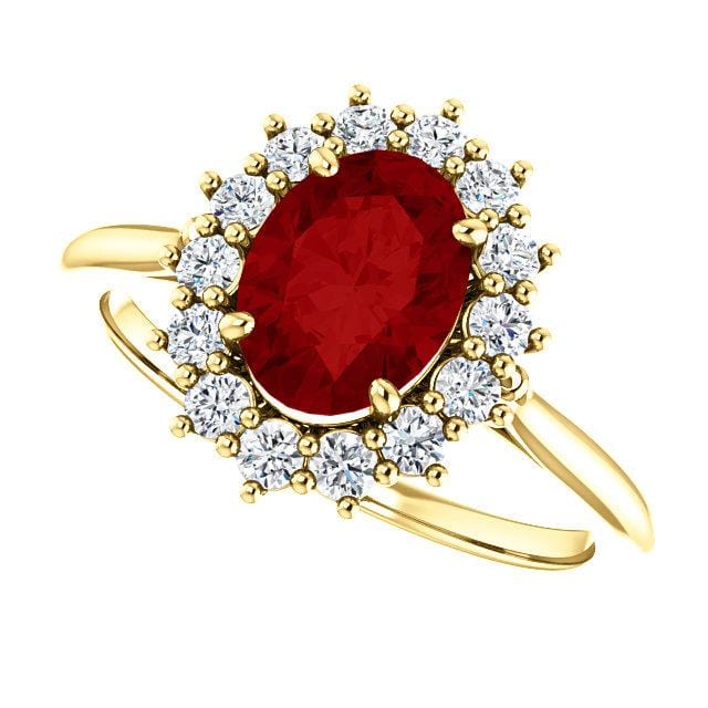 Ophelia - Oval Lab-Grown Ruby Prong Set Halo Engagement Ring Moissanite Halo / 7x5mm/~1.1ct Oval Lab-Grown Ruby / 14k Yellow Gold Ring by Nodeform