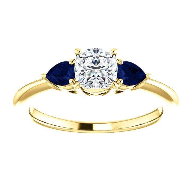 Tressa- Three Stone Engagement Ring, Prong set Cushion Moissanite & Pear Blue Sapphire Accents 5mm Colorless F1 Moissanite (DEF Color) / 14k Yellow Gold Ring by Nodeform