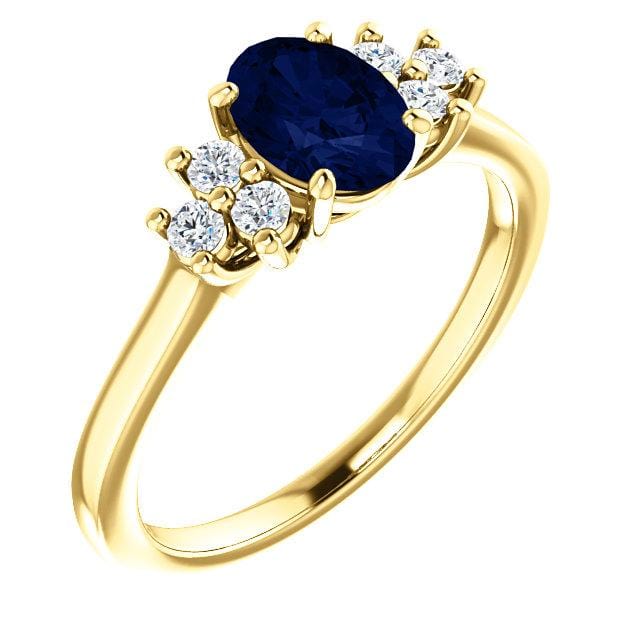 Ellie Ring- Oval Blue Sapphire Prong Set Accented Engagement Ring 7x5mm/~1ct Oval Lab-grown Blue Sapphire / Moissanite Accents / 14k Yellow Gold Ring by Nodeform