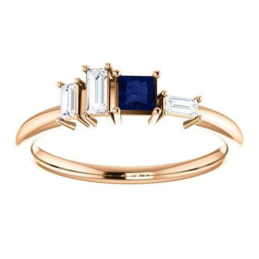 Georgia Ring - Geometric Cluster Baguette & Princess Cut Diamond, Ruby, Alexandrite or Sapphire Stacking Ring Step Cut Blue Sapphire & Baguette Diamonds / 14k Rose Gold Ring by Nodeform