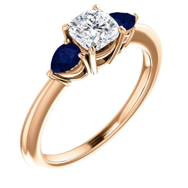 Tressa- Three Stone Engagement Ring, Prong set Cushion Moissanite & Pear Blue Sapphire Accents 5mm Colorless F1 Moissanite (DEF Color) / 14k Rose Gold Ring by Nodeform