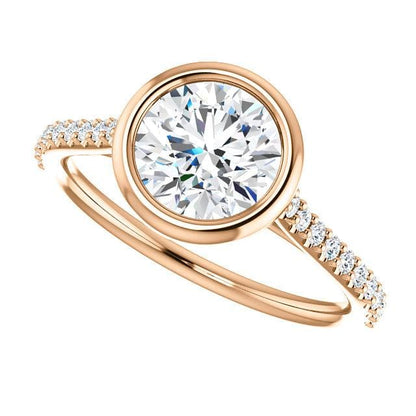 Sonia Ring - Round Moissanite Full Bezel Cathedral Accented Pave Band Engagement Ring 5mm Near-Colorless F1 Moissanite (GHI Color) / 14k Rose Gold Ring by Nodeform