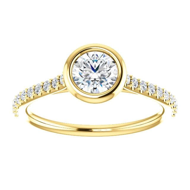 Sonia Ring - Round Moissanite Full Bezel Cathedral Accented Pave Band Engagement Ring 5mm Near-Colorless F1 Moissanite (GHI Color) / 14k Yellow Gold Ring by Nodeform