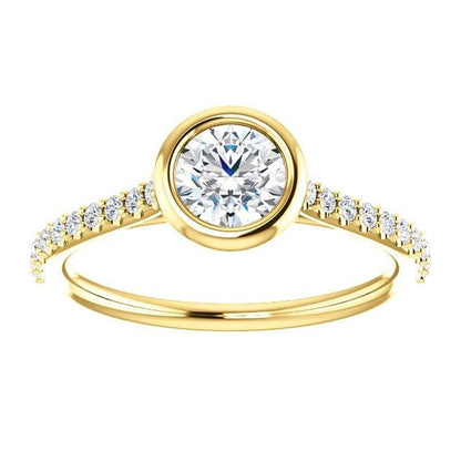 Sonia Ring - Round Moissanite Full Bezel Cathedral Accented Pave Band Engagement Ring 5mm Near-Colorless F1 Moissanite (GHI Color) / 14k Yellow Gold Ring by Nodeform