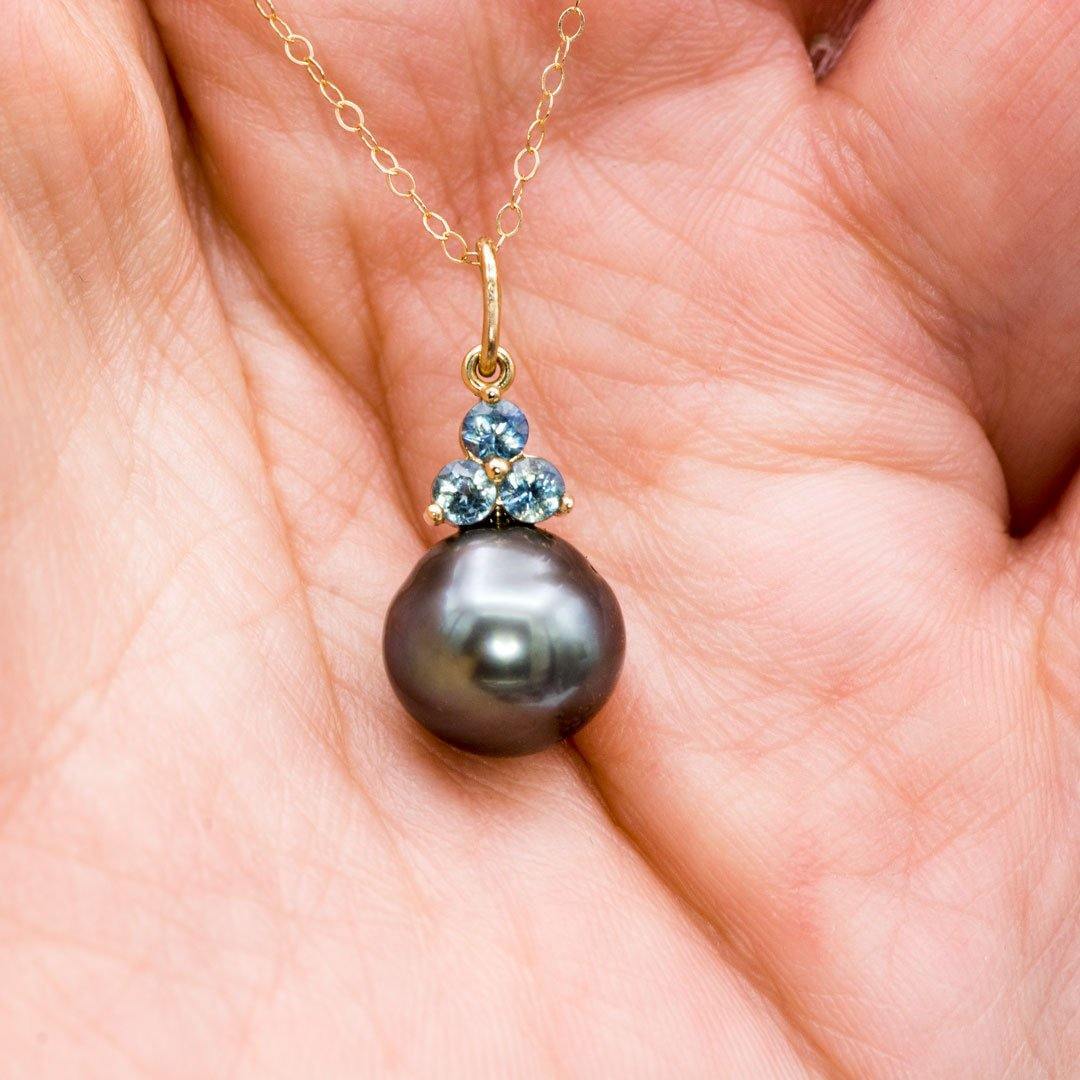 Tahitian Pearl & Blue Sapphire Dangle Pendant 14k Yellow Gold Necklace, Ready to Ship Tahitian Pearl & Sapphires Necklace Necklace / Pendant by Nodeform