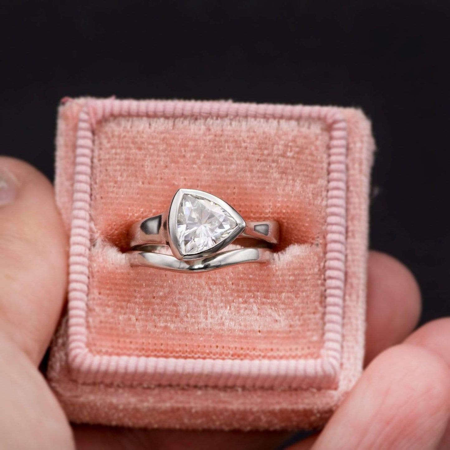 Tetra Bridal Set Trillion Moissanite Bezel Engagement Ring & Wedding Band Ring by Nodeform