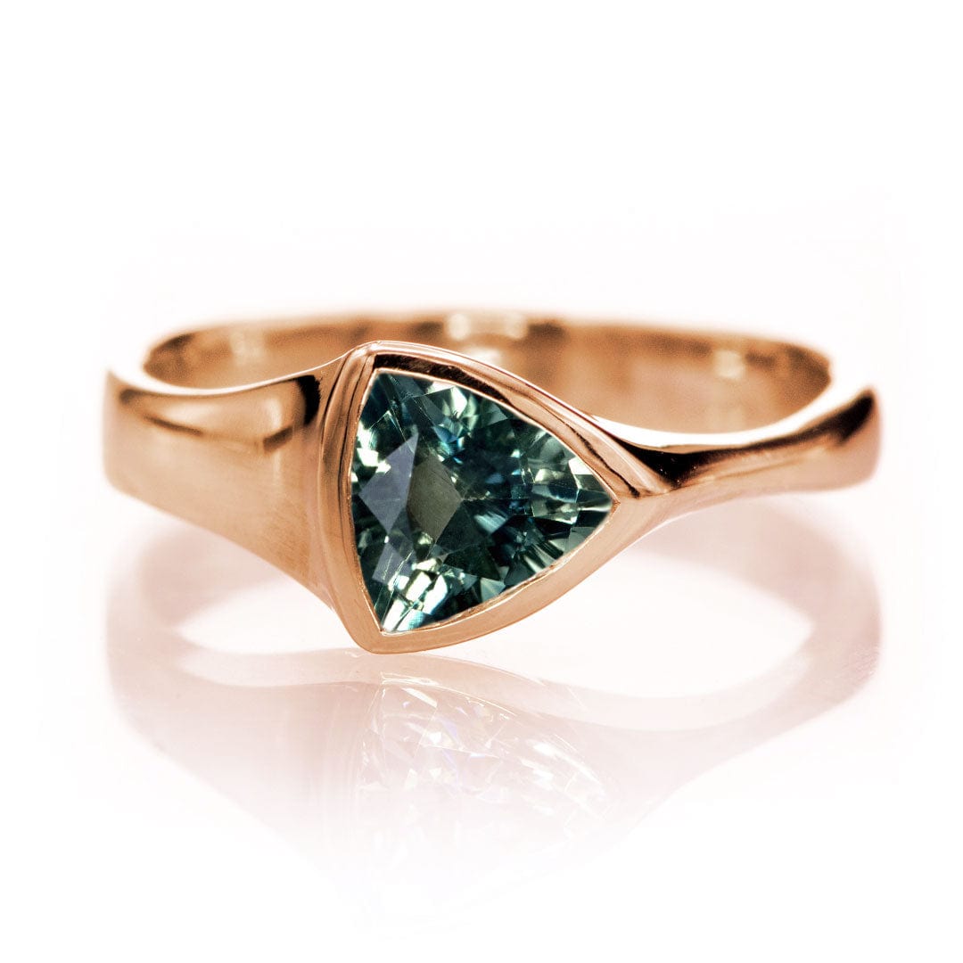 Trillion Genuine Teal-Green 1.07ct Madagascar Sapphire Bezel Solitaire Engagement Ring 14k Rose Gold Ring by Nodeform