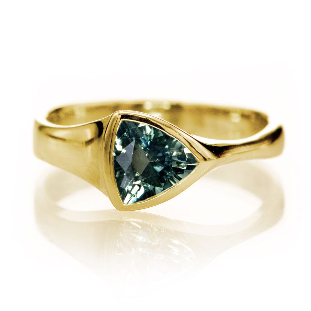 Trillion Genuine Teal-Green 1.07ct Madagascar Sapphire Bezel Solitaire Engagement Ring 14k Yellow Gold Ring by Nodeform