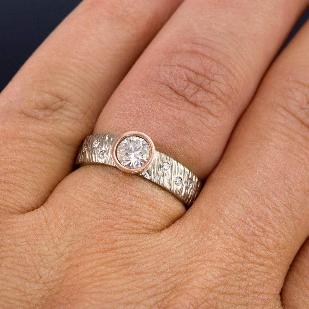 Textured Rasp Engagement Ring with Round Moissanite or lab created Diamond & Diamonds Accents Ring by Nodeform