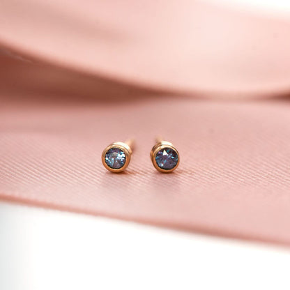 Tiny Alexandrite Bezel Set 14k Rose Gold Stud Earrings, Ready to Ship Earrings by Nodeform