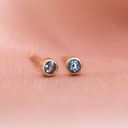 Tiny Alexandrite Bezel Set 14k Rose Gold Stud Earrings, Ready to Ship Earrings by Nodeform