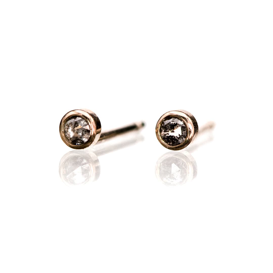 Tiny Gray Salt & Pepper Rose Cut Diamond Bezel Gold or Platinum Stud Earrings 14k Rose Gold Earrings by Nodeform