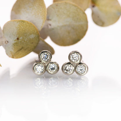 Tiny Three Moissanite Trio Bezel Cluster Stud White Gold Earrings, Ready To Ship Earrings by Nodeform