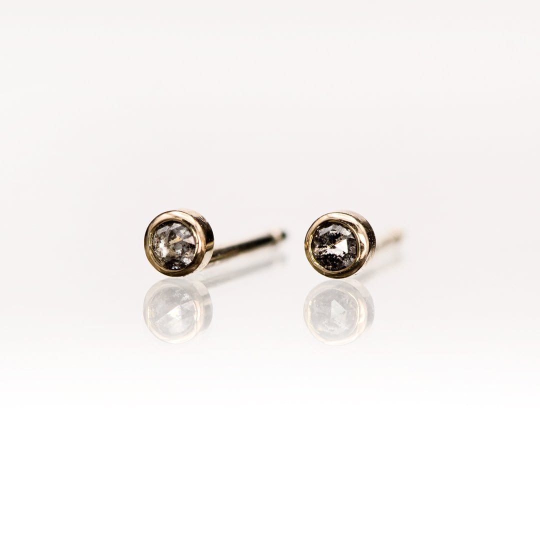 Tiny Gray Salt & Pepper Rose Cut Diamond Bezel Set 14kY Gold Stud Earrings Earrings by Nodeform