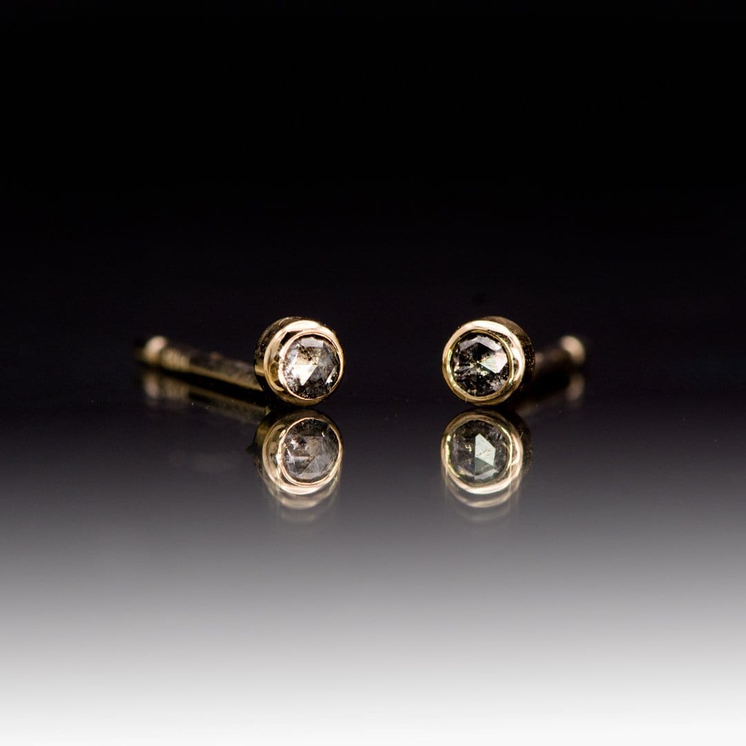 Tiny Gray Salt & Pepper Rose Cut Diamond Bezel Set 14kY Gold Stud Earrings Earrings by Nodeform