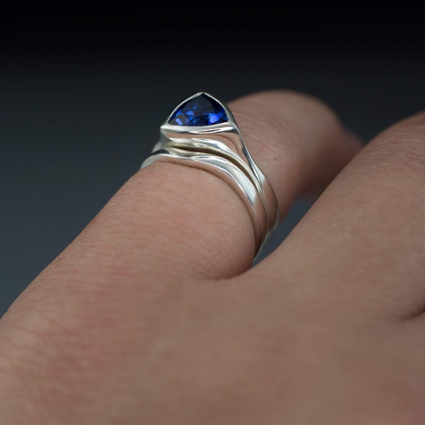 Tetra Bridal Set Trillion Lab Created Blue Sapphire Bezel Engagement Ring and Wedding Band Ring by Nodeform