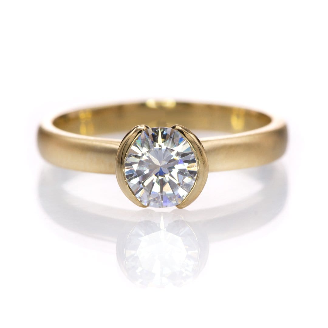 Tulip Moissanite Engagement Ring, Half Bezel Round Moissanite Solitaire Ring 14K Yellow Gold / 4mm Near-Colorless F1 Moissanite (GHI Color) Ring by Nodeform