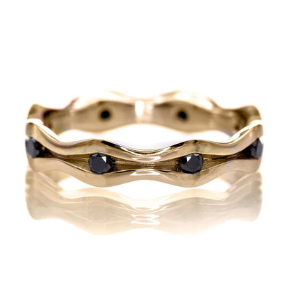 Wave Black Diamond Eternity Wedding Ring 14k Yellow Gold Ring by Nodeform