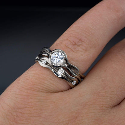 Wave White Sapphire Engagement Ring and Moissanite Eternity Wedding Band Set Ring by Nodeform