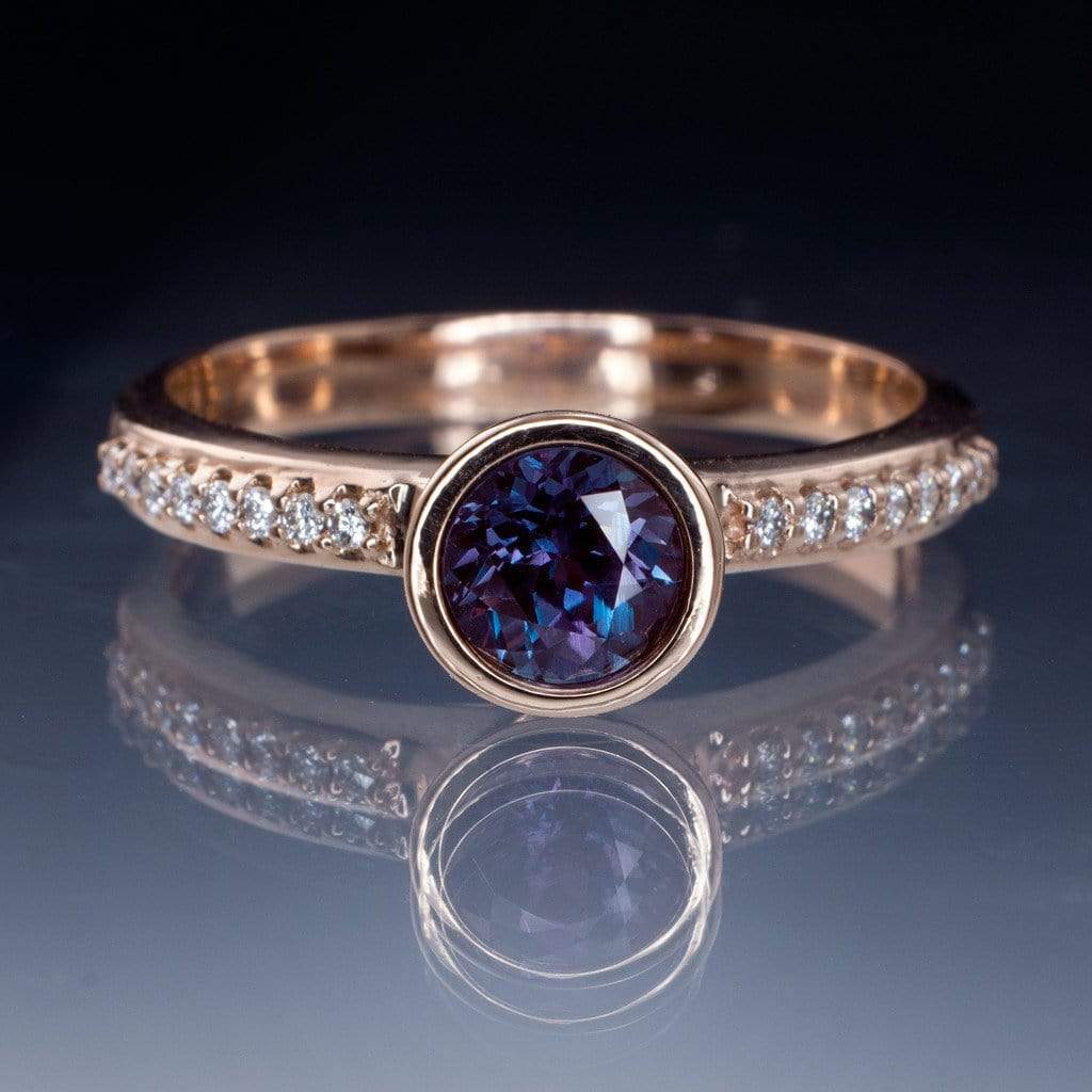 Chatham Alexandrite Round Peekaboo Bezel Diamond Micro Pave Engagement Ring 5mm/~0.64ct Chatham Alexandrite / 14kPD White Gold Ring by Nodeform