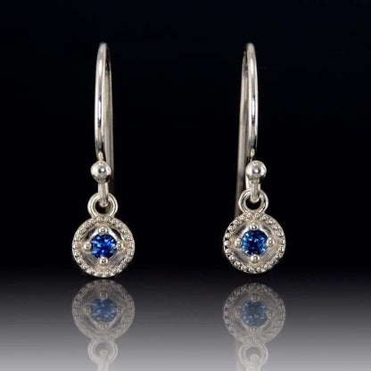 Australian Kings Plain Royal Blue Sapphire Round Milgrain Dangle Earrings Sterling Silver Earrings by Nodeform