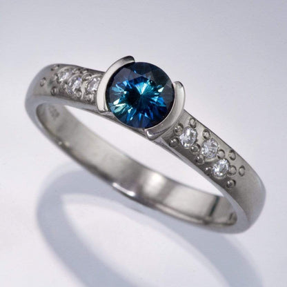Fair Trade Blue Australian Kings Plain Sapphire Half Bezel Diamond Star Dust Engagement Ring 14k White Gold / Diamond Accents Ring by Nodeform