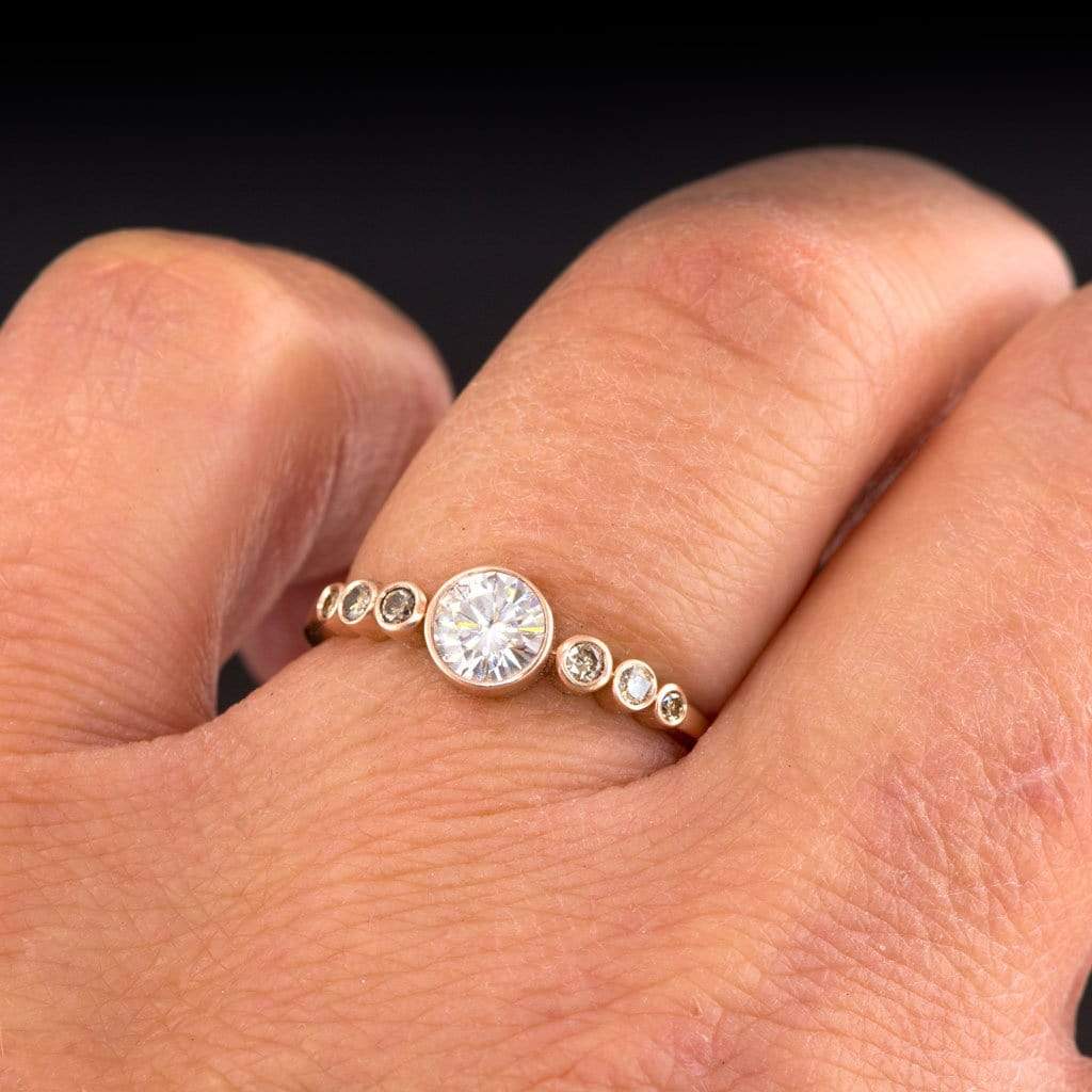 Moissanite or White Sapphire & Graduated Champagne Diamond Bezel Engagement Ring Ring by Nodeform
