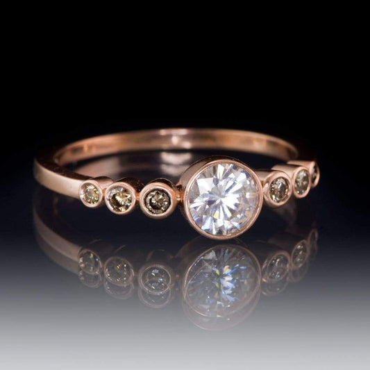 Moissanite or White Sapphire & Graduated Champagne Diamond Bezel Engagement Ring 14k Rose Gold / 5mm Near-Colorless F1 Moissanite (GHI Color) Ring by Nodeform