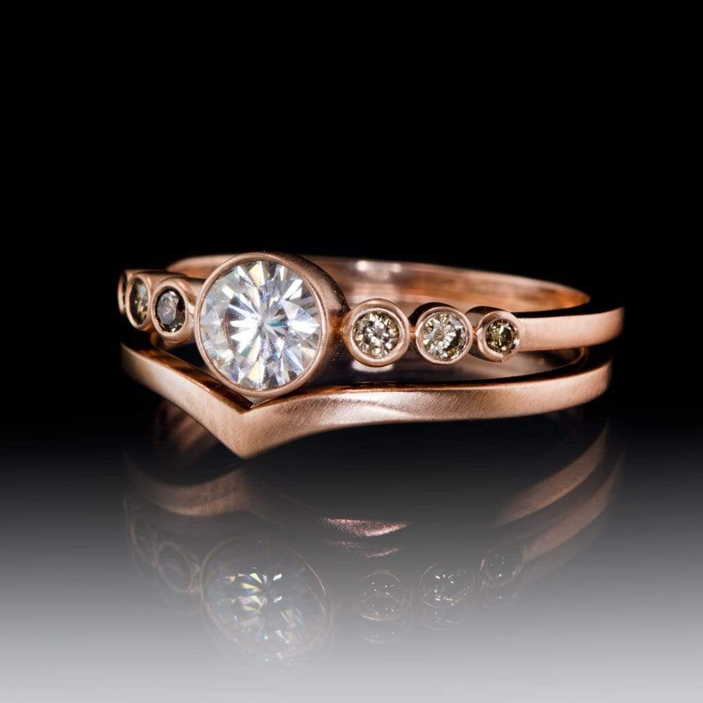 Moissanite or White Sapphire & Graduated Champagne Diamond Bezel Engagement Ring Ring by Nodeform