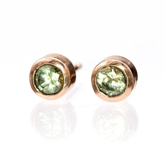 Light Green Montana Sapphire Bezel Stud Earrings 14k Rose Gold Earrings by Nodeform