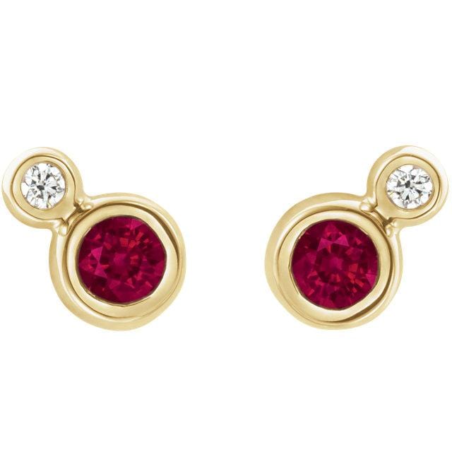 Ruby and Diamond Cluster Bezel Set Stud Earrings 3mm Genuine AA Grade Faceted Ruby / 14k Yellow Gold Earrings by Nodeform