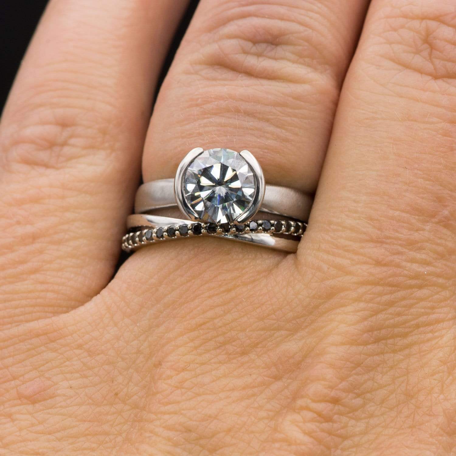 Criss Cross Black Diamond Band - Contoured Wedding Ring with Black Diamonds Ring by Nodeform
