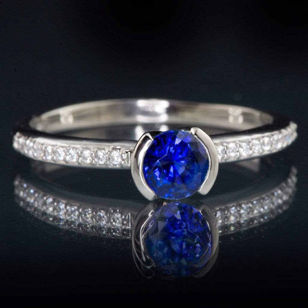 Blue Lab-Grown Sapphire Half Bezel Diamond Pave Engagement Ring 5mm Lab-Grown Sapphire / 18kPD White Gold Ring by Nodeform
