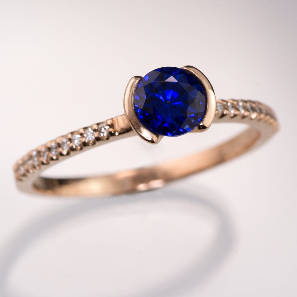 Blue Lab-Grown Sapphire Half Bezel Diamond Pave Engagement Ring 5mm Lab-Grown Sapphire / 14k Rose Gold Ring by Nodeform