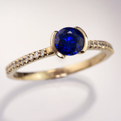 Blue Lab-Grown Sapphire Half Bezel Diamond Pave Engagement Ring 5mm Lab-Grown Sapphire / 14k Yellow Gold Ring by Nodeform