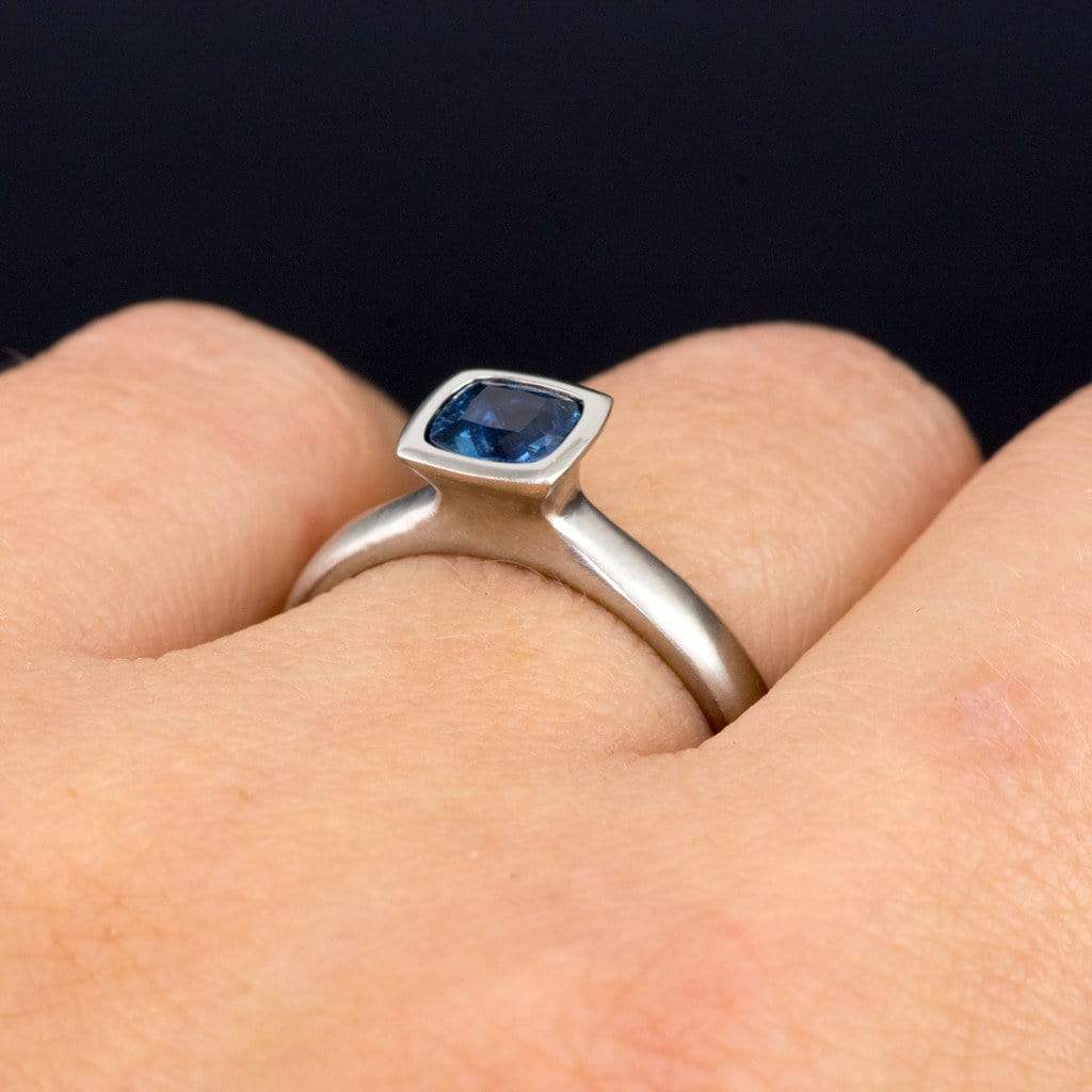 Teal Green/Blue Cushion Fair Trade Sapphire Bezel Solitaire Engagement Ring Ring by Nodeform