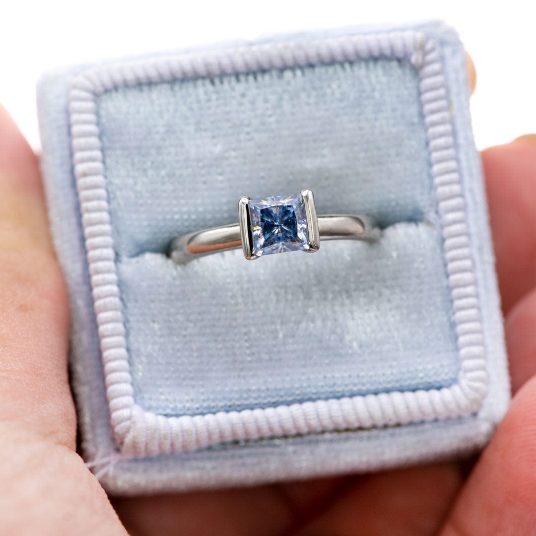 Princess Blue-gray Moissanite  14k White Gold Modified Tension Solitaire Engagement Ring, size 4 to 9 Helen Ring Ring Ready To Ship by Nodeform