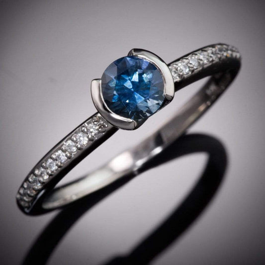 Fair Trade Blue Australian Kings Plain Sapphire Half Bezel Diamond Pave Engagement Ring 14k Nickel White Gold (Not Rhodium Plated) Ring by Nodeform