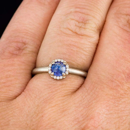 Blue Rose Cut Sapphire & White Diamond Halo White Gold Engagement Ring, size 4 to 9 Ready to ship Ring Ready To Ship by Nodeform