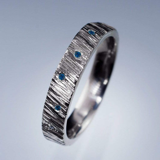 Saw Cut Texture Wedding Band With Blue Sapphire Accents Ring by Nodeform