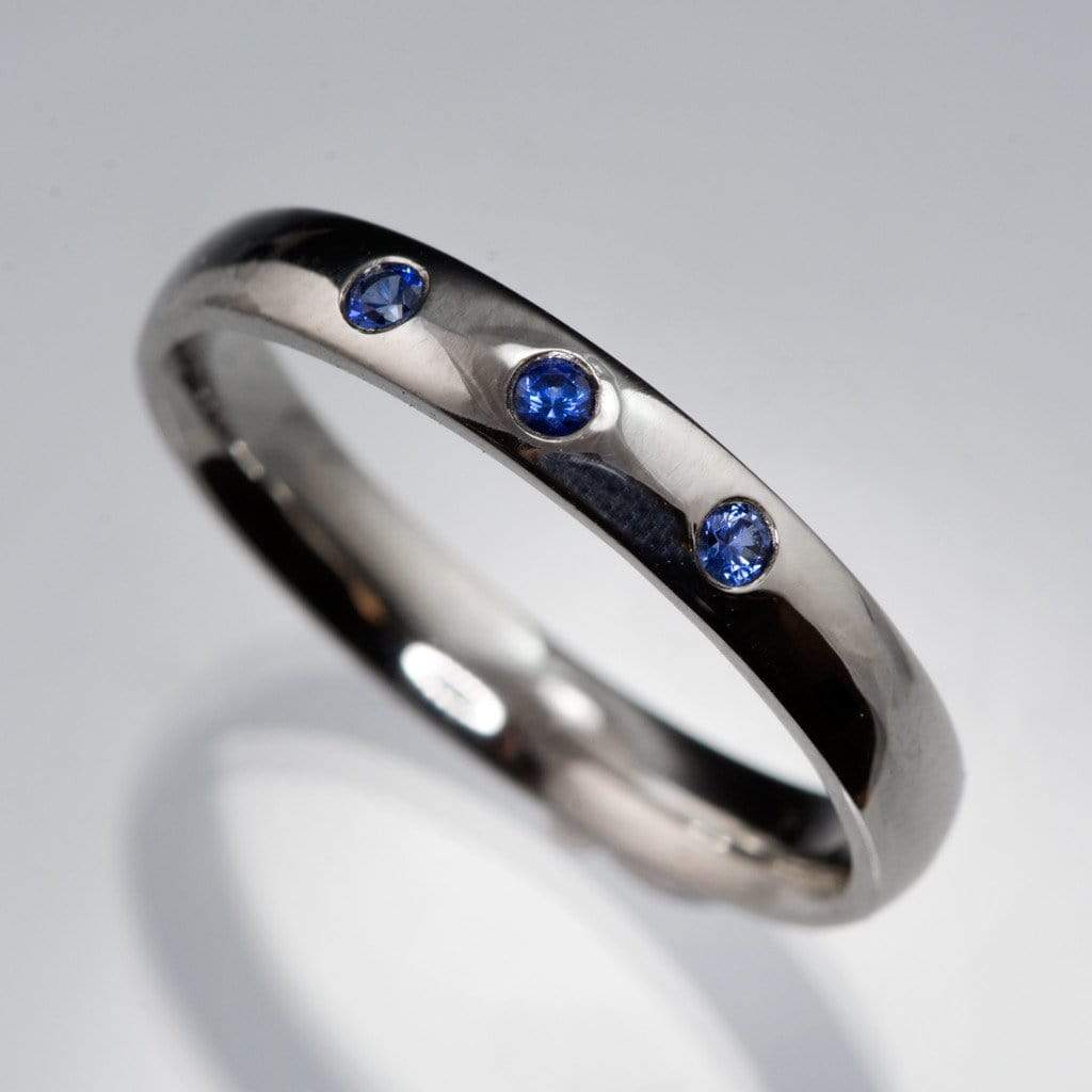 Narrow 3 Blue Sapphires Domed Wedding Ring, Contoured or Straight Band Sterling Silver / 2.5mm / Straight Band Ring by Nodeform