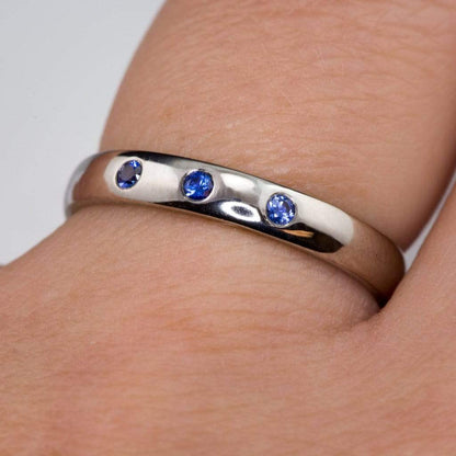 Narrow 3 Blue Sapphires Domed Wedding Ring, Contoured or Straight Band Ring by Nodeform