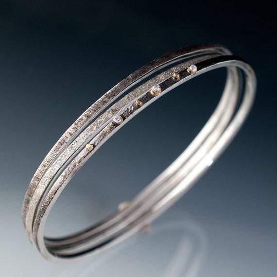 Textured Silver Bracelet Set with White Diamonds and 18k Gold Accents Bracelet by Nodeform