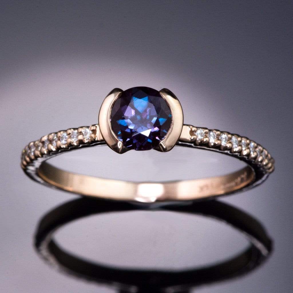 Chatham Alexandrite Half Bezel Diamond Pave Engagement Ring 5mm/~0.64ct Chatham Alexandrite / 18kPD White Gold Ring by Nodeform